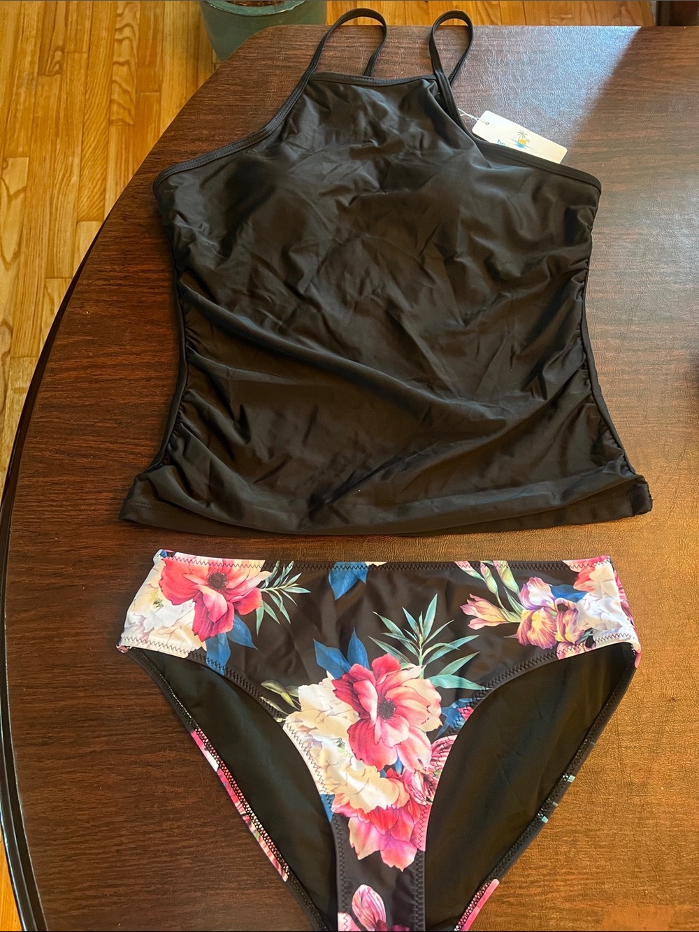 Women's Black Tankini Top with Floral Bikini Bottom - Two-Piece Swim Set